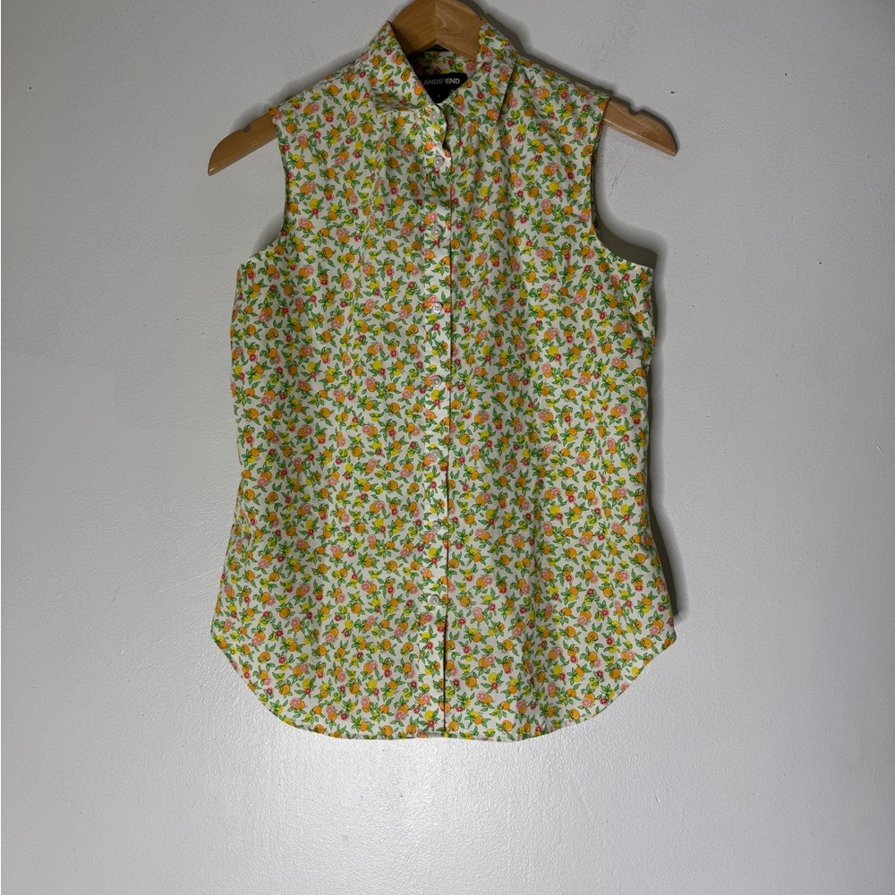 Lands' End Citrus Fruit Sleeveless Collared Button Up Cotton Supima Top Size 4